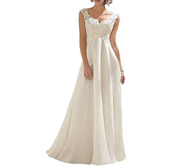 Bigfanshu Vestidos de coquetel femininos 2020 Vestido longo de noite com ombro de noiva e decote em V sem mangas de renda e costas nuas, Branco, 3