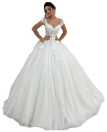 Pefantal Vestido de noiva de tule de renda branco para noiva 2023 vestido de noiva princesa linha A